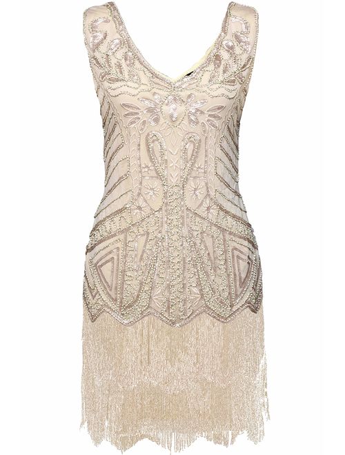 BABEYOND Women's Plus Size Flapper Dresses 1920s V Neck Beaded Fringed Great Gatsby Dress
