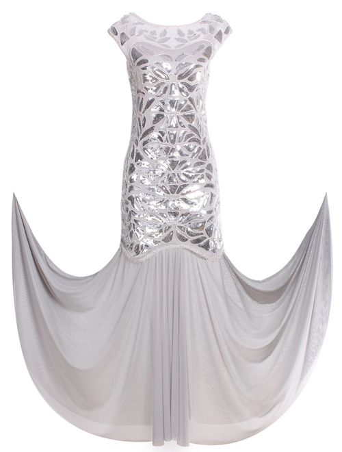 VIJIV 1920s Long Prom Dresses Sequins Beaded Art Deco Evening Party V Neck Back