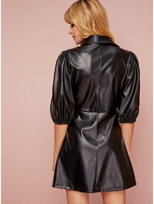Shein Bishop Sleeve Single Breasted Faux Leather Dress