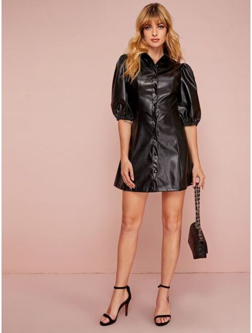 Shein Bishop Sleeve Single Breasted Faux Leather Dress