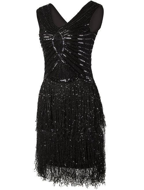 VIJIV 1920s Style Inspired Charleston Sequin Layer Tassel Cocktail Flapper Dress