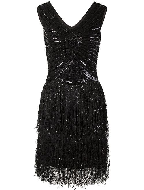 VIJIV 1920s Style Inspired Charleston Sequin Layer Tassel Cocktail Flapper Dress