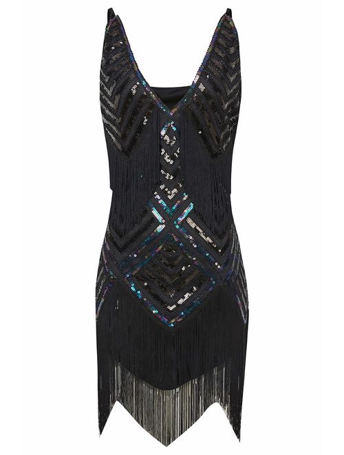 BABEYOND Women's 1920s Flapper Dress V Neck Embellished Slip Dress Roaring 20s Great Gatsby Dress for Party
