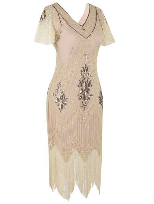 kayamiya Women's Flapper Dresses 1920s Sequins Art Deco Gatsby Cocktail Embellished Dress with Sleeve