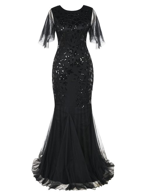 PrettyGuide Women's Evening Dress 1920s Sequin Mermaid Hem Embellished Maxi Long Formal Ball Gown