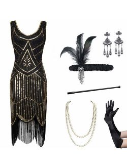 Coucoland Womens 1920s Flapper Sequin Beads Dress with Roaring 20s Gatsby Accessories Set for Party