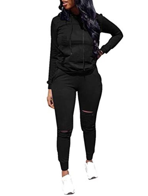 Women Casual Ripped Hole Pullover Hoodie Sweatpants 2 Piece Sport Jumpsuits Outfits Set