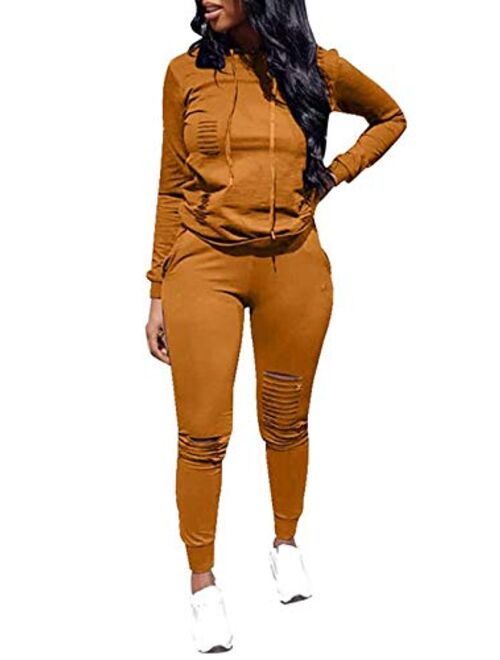 Buy Women Casual Ripped Hole Pullover Hoodie Sweatpants 2 Piece Sport  Jumpsuits Outfits Set online | Topofstyle