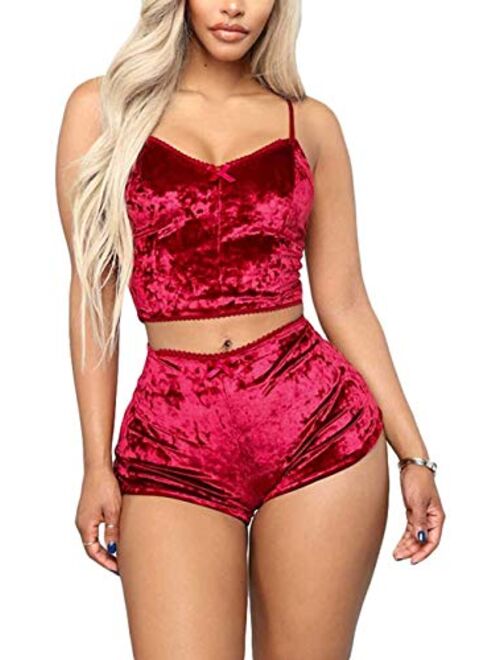 Angsuttc Women's Velvet 2 Piece Outfit Spaghetti Strap Sleeveless Crop Top+ Shorts Set