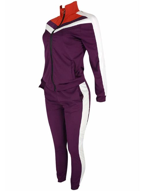 Buy Women Tracksuit Sets Color Block Full Zip Hoodie and Long Pant 2 ...