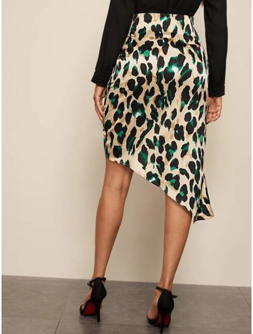 Shein Twist Front Asymmetrical Hem Allover Print Satin Skirt