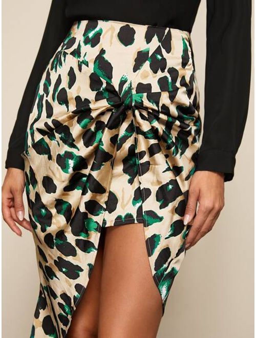 Shein Twist Front Asymmetrical Hem Allover Print Satin Skirt
