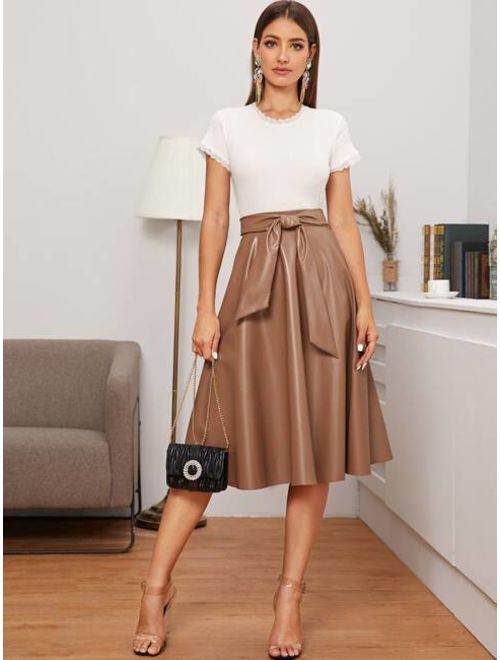 Shein Tie Waist PU Leather Flare Skirt