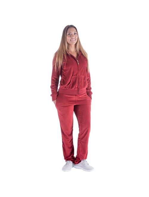 TanBridge Women's 2 Piece Solid Velvet Tracksuit Set Full Zip-up Hooded Sweatshirts & Pants Set