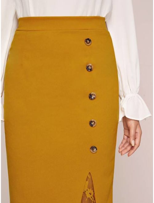 Shein Button Front Lace Hem Pencil Skirt