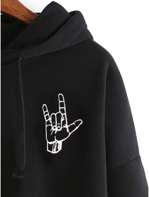 Gesture Print Drop Shoulder Hooded Sweatshirt
