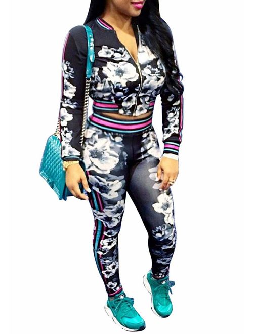 ThusFar Women's Hawaii Floral 2 Piece Set Tracksuit Sports Joggers Jacket Suit