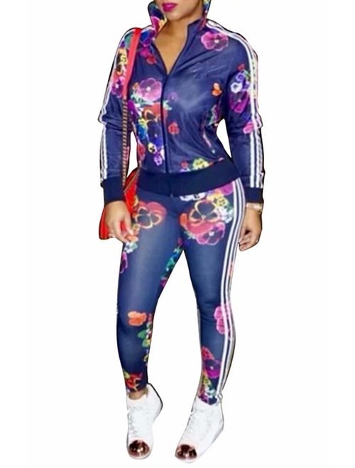 ThusFar Women's Hawaii Floral 2 Piece Set Tracksuit Sports Joggers Jacket Suit
