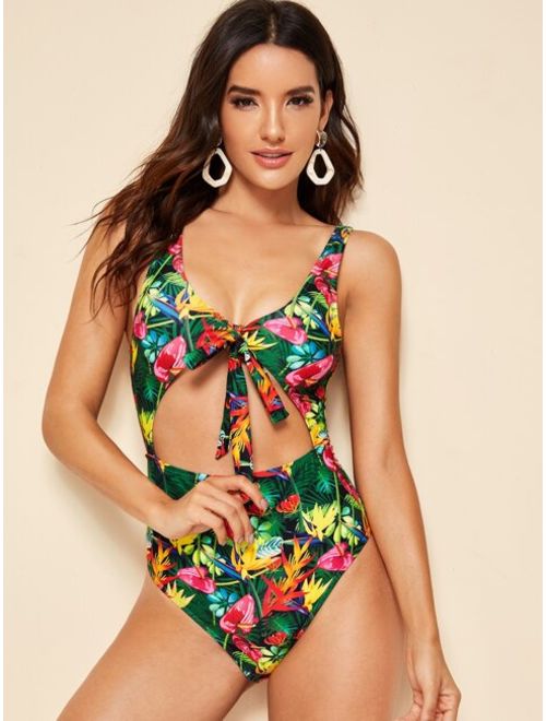 NOMUSING Swimsuits for Women One Piece Bathing Suits High Waisted Cutout Solid Bikini Push-Up Tie Knot Front Swimwear