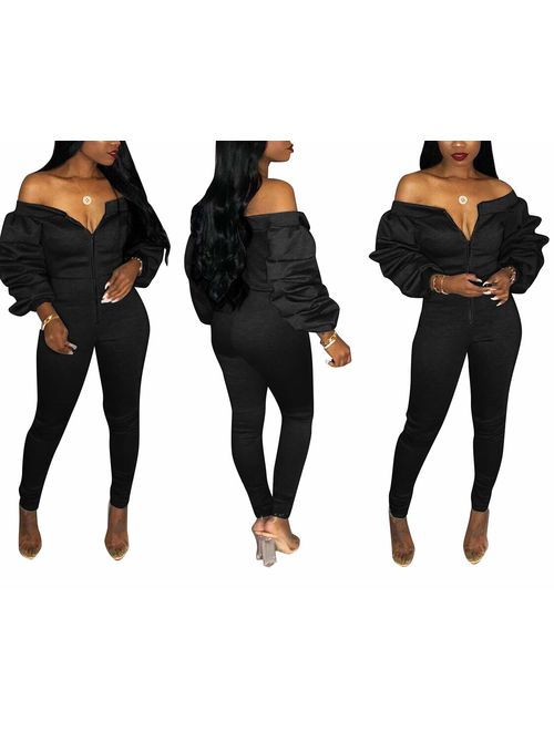 Ophestin Women Off Shoulder Long Sleeve Ruched Bodycon Jumpsuits Rompers