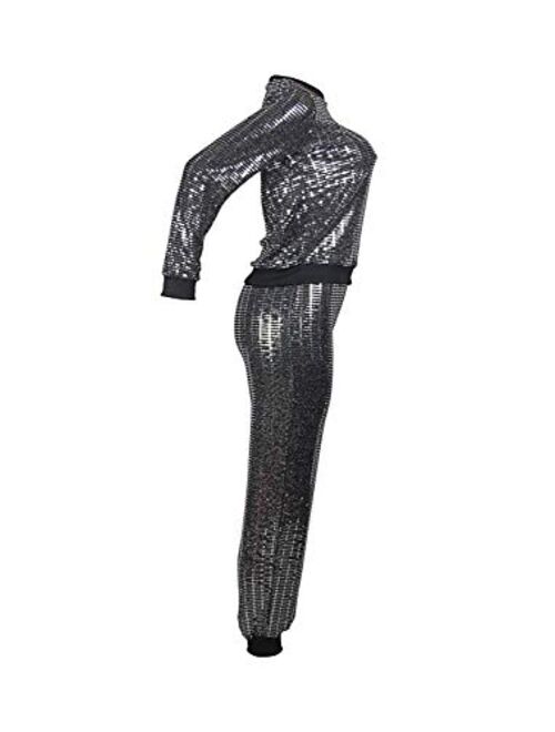 2 Piece Night Clubwear Outfits for Women Long Sleeve Top+Metallic Shiny Pants Glitter Clubwear