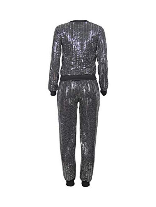 2 Piece Night Clubwear Outfits for Women Long Sleeve Top+Metallic Shiny Pants Glitter Clubwear