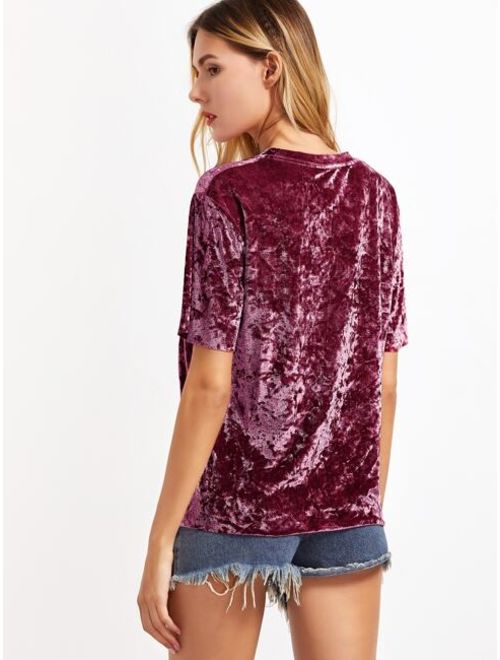 Shein Burgundy Short Sleeve Crushed Velvet T-shirt