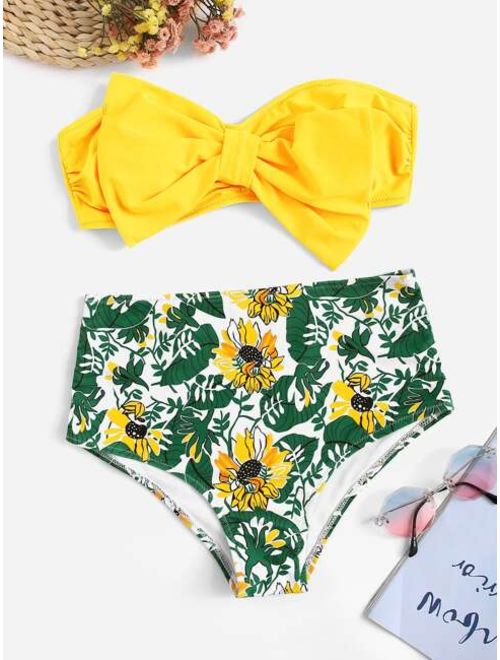 Bow Decorated Ruched Bandeau With Random Floral Bikini