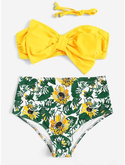 Bow Decorated Ruched Bandeau With Random Floral Bikini