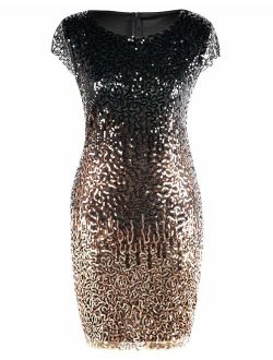 Women's Sequin Cocktail Dress Short Sleeve Sparkly Pencil Wedding Party Dress
