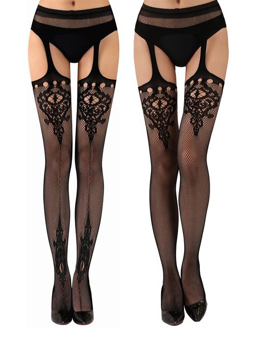 TGD Womens Fishnet Tights Suspender Pantyhose Thigh-High Stockings Black 4 Pairs