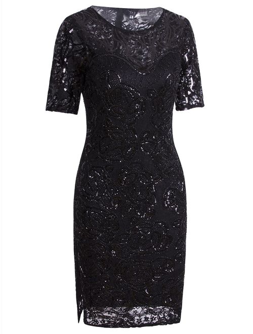 Vijiv Vintage 1920s Gatsby Sequin Beaded Embellished Lace Cocktail Party Flapper Dress Sleeves