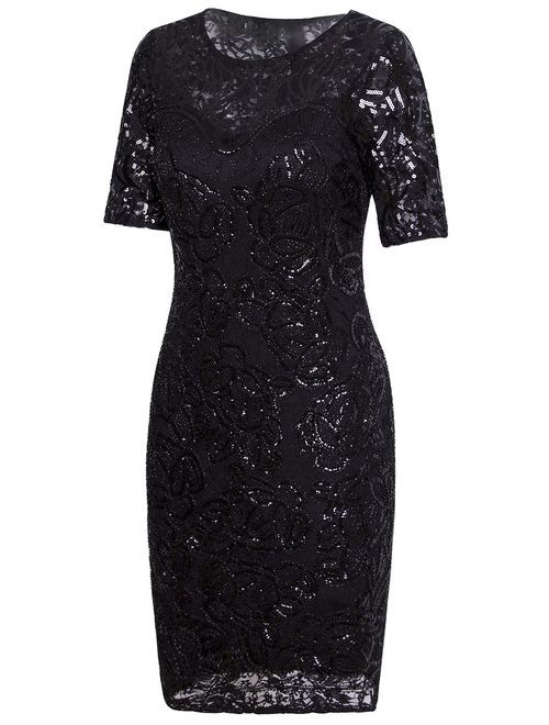 Vijiv Vintage 1920s Gatsby Sequin Beaded Embellished Lace Cocktail Party Flapper Dress Sleeves