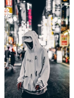 Streetwear Hoodie Mens Pullover Ripped Kanji Embroidery Industrial Urban Sweatshirt