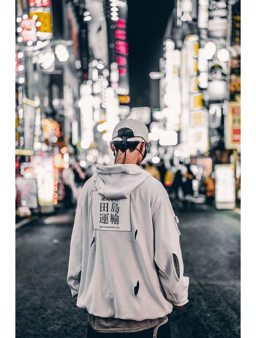 Streetwear Hoodie Mens Pullover Ripped Kanji Embroidery Industrial Urban Sweatshirt