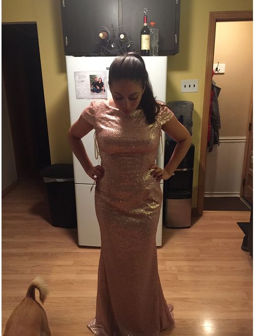 MisShow Women Sequins Prom Bridesmaid Dress Glitter Rose Gold Long Evening Gowns Formal