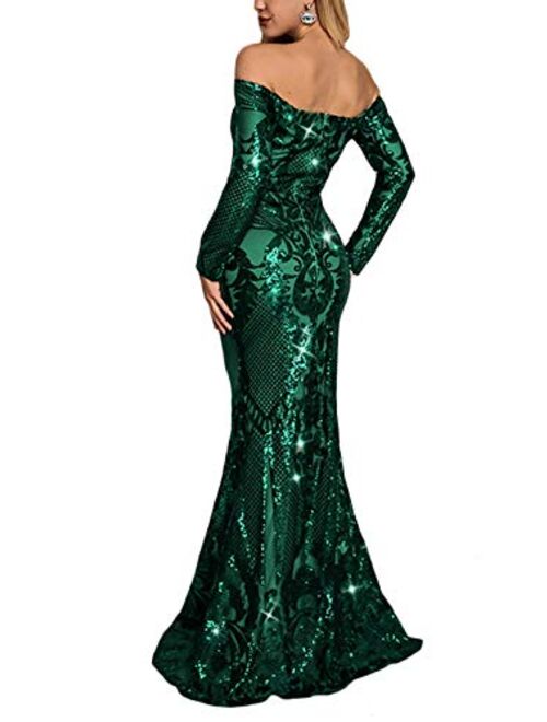 Yissang Women's Off Shoulder Floral Sequined Sparkle Party Evening Cocktail Mermaid Maxi Long Dress Prom Gowns