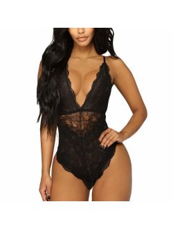Aranmei Women Deep V Sexy Lace Bodysuit Sna-p Crotch Lingerie Teddy Underwear