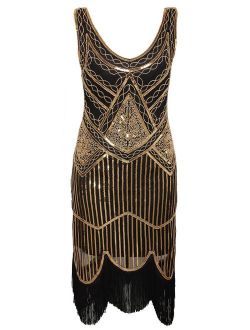 Vijiv Women's 1920s Gastby Inspired Sequined Embellished Fringed Flapper Dress