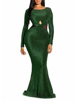 Remelon Women Long Sleeve Shiny Embellished Glitter Mesh Cut Out Bodycon Flowy Mermaid Party Maxi Long Dresses