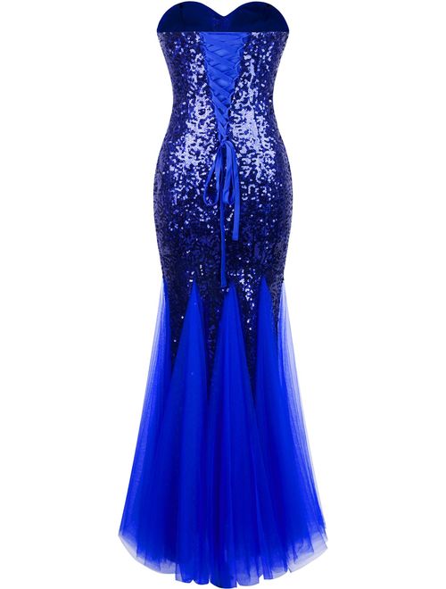 Angel-fashions Women's Sleeveless Blue Sequins Tulle Evening Dress