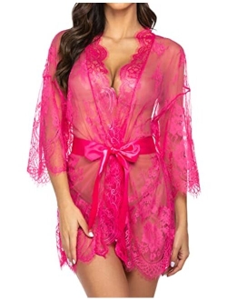 Women's Lace Kimono Robe Babydoll Lingerie Mesh Nightgown S-5XL