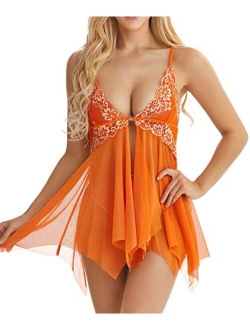 Lingerie for Women Front Closure Babydoll Lace Chemise V Neck Mesh Sleepwear