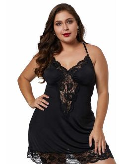 XAKALAKA Women Plus Size Babydoll Lingerie Back Crisscross Lace Trim Chemise Sleepwear
