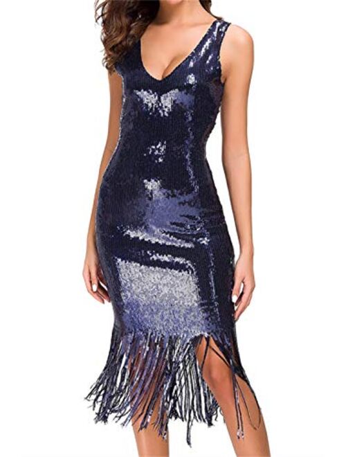 VVMCURVE Women's Sexy V Neck Sequin Glitter Bodycon Stretchy Club Flapper Dress 20s Great Gatsby Party Gowns