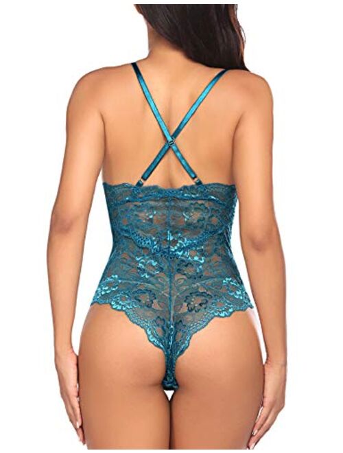 Buy Avidlove Women Snap Crotch Lingerie Sexy Lace Bodysuit Deep V Teddy One  Piece Lace Babydoll online