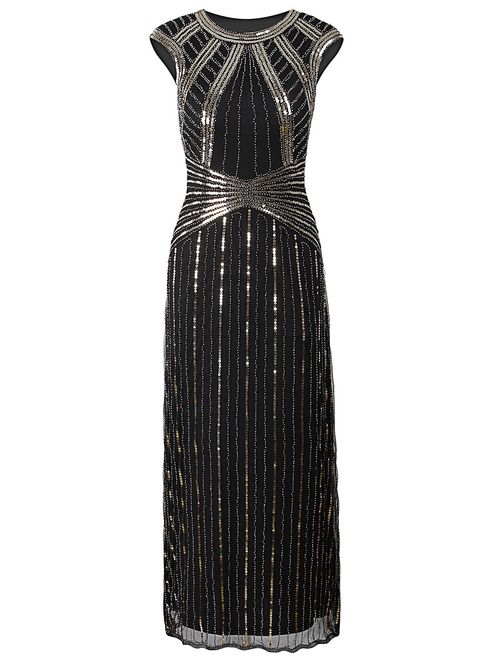 VIJIV 1920s Long Prom Dresses Cap Sleeve Beaded Sequin Maxi Evening Party Dress