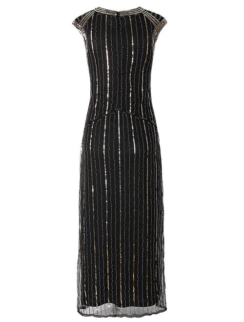 VIJIV 1920s Long Prom Dresses Cap Sleeve Beaded Sequin Maxi Evening Party Dress