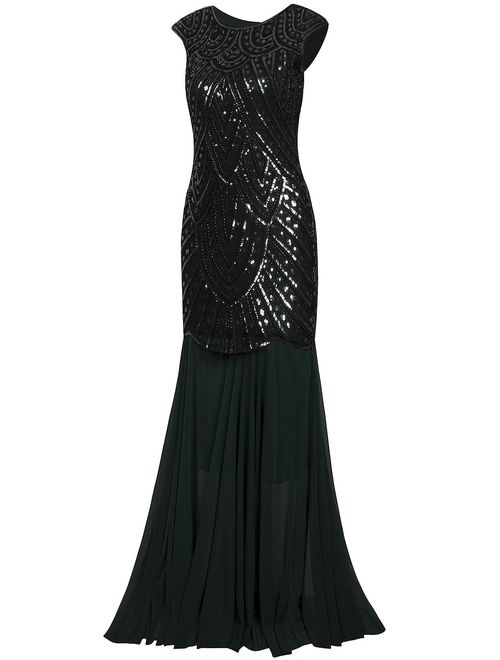 Vijiv Womens 1920s Inspired Cap Sleeve Beaded Sequin Gatsby Long Evening Prom Dress