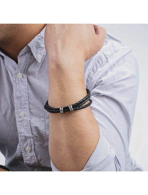 Personalized Mens Black Braid Leather Bracelets with 2-5 Names Engraved in Custom Beads Custom ID Bracelet for Men